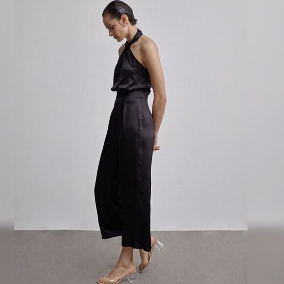 NWOT SILK MAISON Cross Halter Silk Jumpsuit In Black - Picture 2 of 16